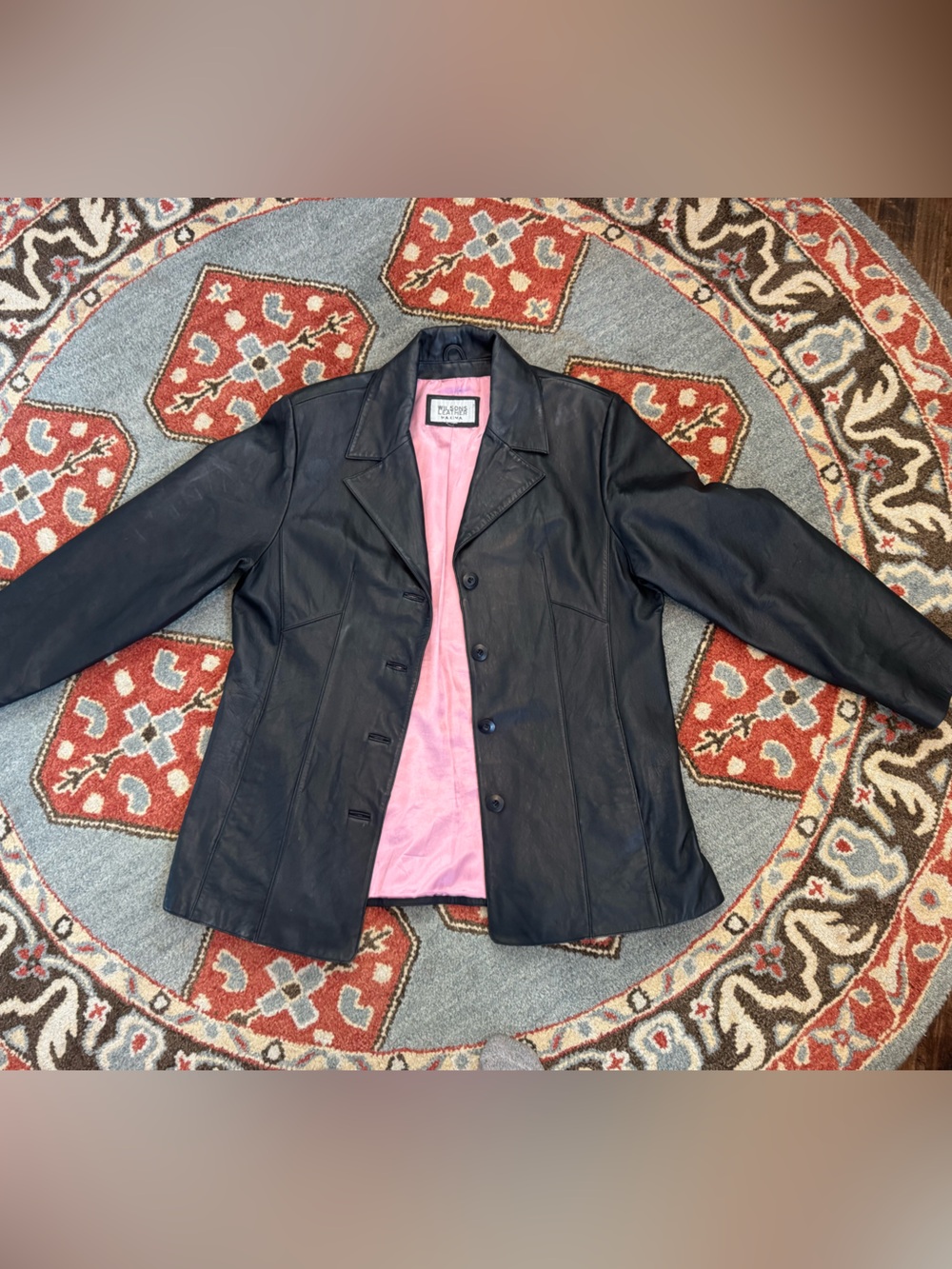 Vintage Black Leather Blazer Jacket with Pink Lining